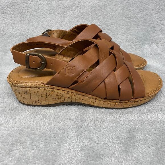 Born Sandals Womens 9 M Brown Tan Laila Leather Woven Strappy Cork Wedge Buckle - Picture 1 of 13